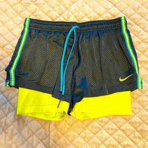 Nike spandex layered dryfit shorts medium grey and lime green